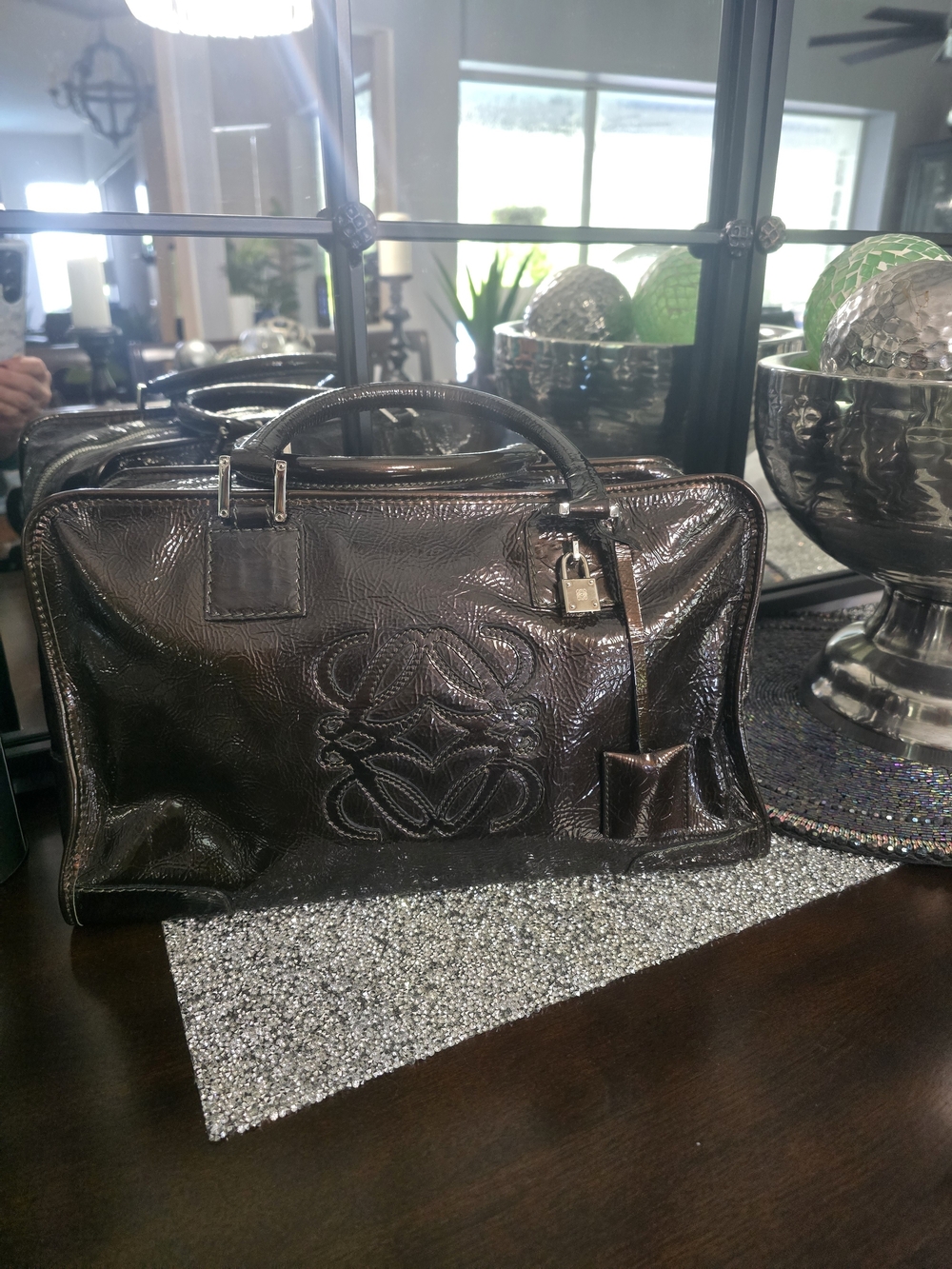Loewe Patent Leather Top-Handle Satchel in Dark Brown